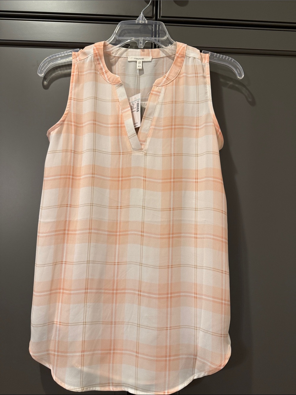 Maurices Sleeveless Peach Plaid V-Neck Blouse